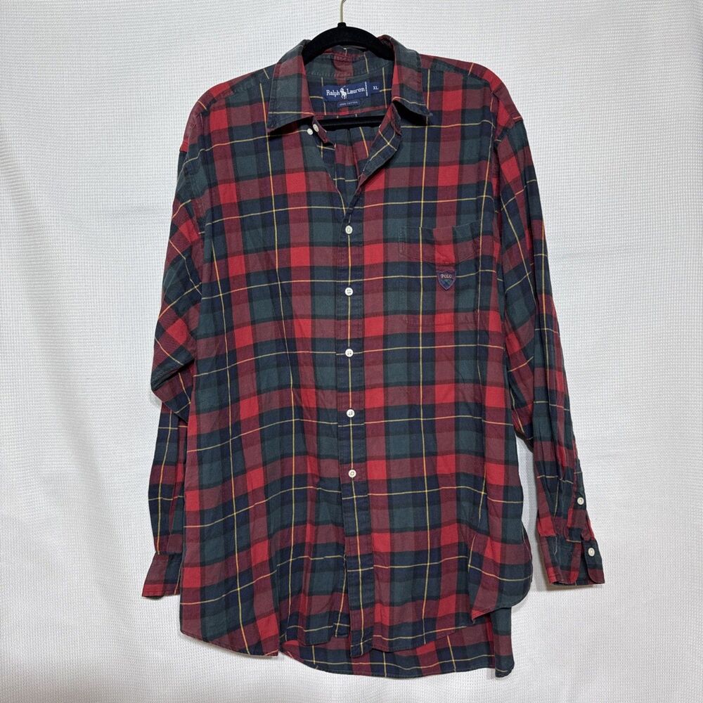 Vintage 90s Polo Ralph Lauren Plaid 100% Cotton Button Long Sleeve - Men’s XL